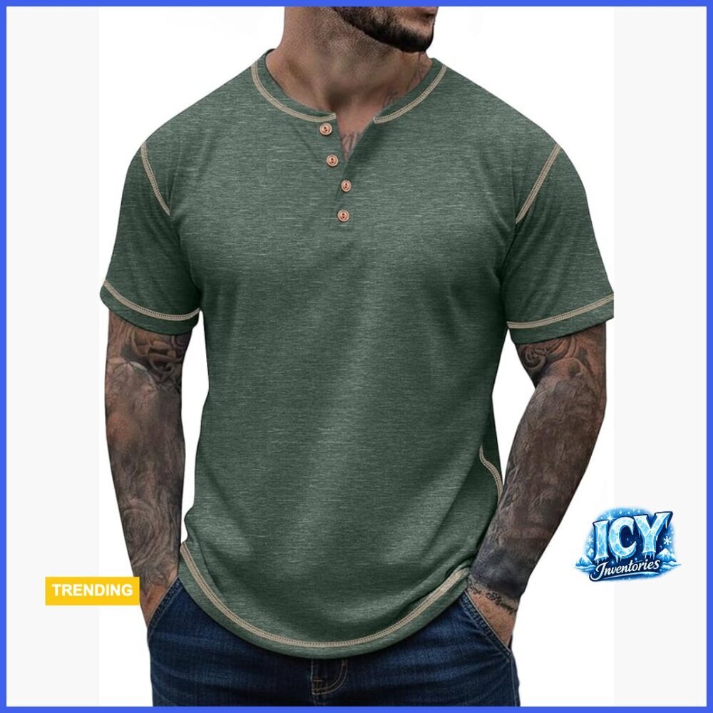 Cotton Henley Shirt Casual Lightweight Summer T-Shirt Short Sleeve